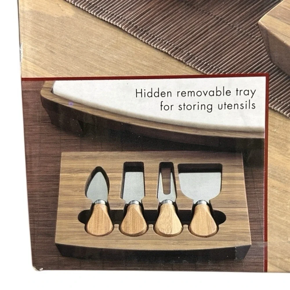 B. SMITH Cheese Board Set - Bamboo Marble w/ Hidden Drawer & 4 Utensils NIB